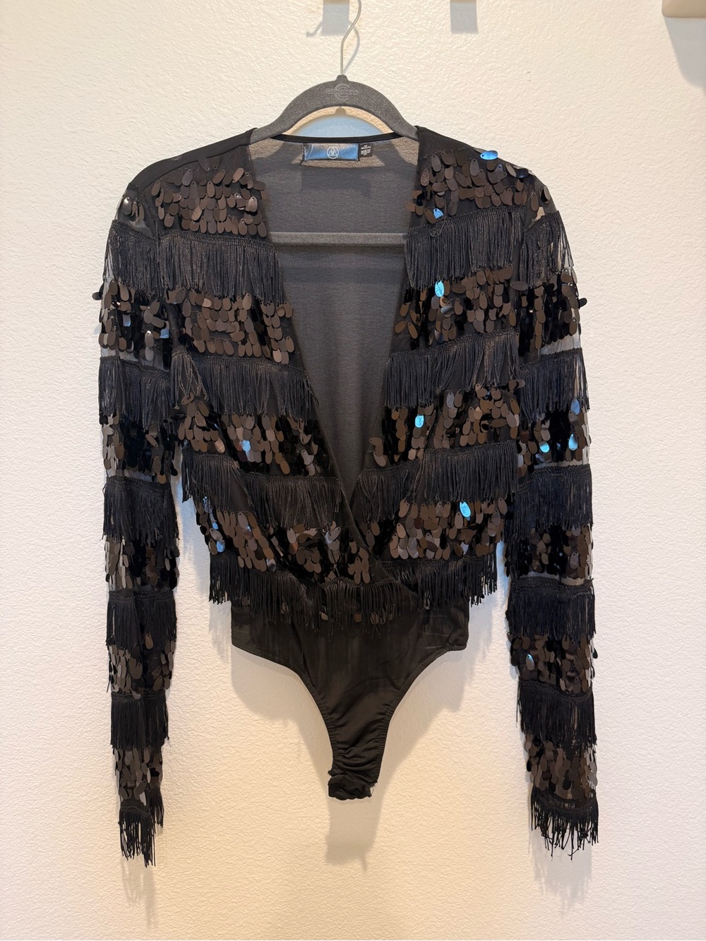 Missguided Black Sequin Fringe Long Sleeve Bodysuit